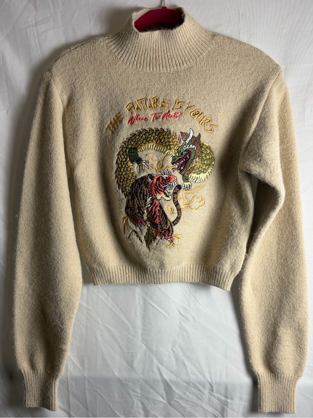 Nasty Gal Dragon Tiger Embroidered Cropped Sweater Medium Y2K
